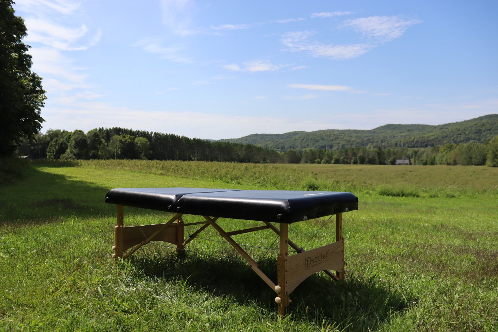 A treatment table set up alone in a field, hills behind it.